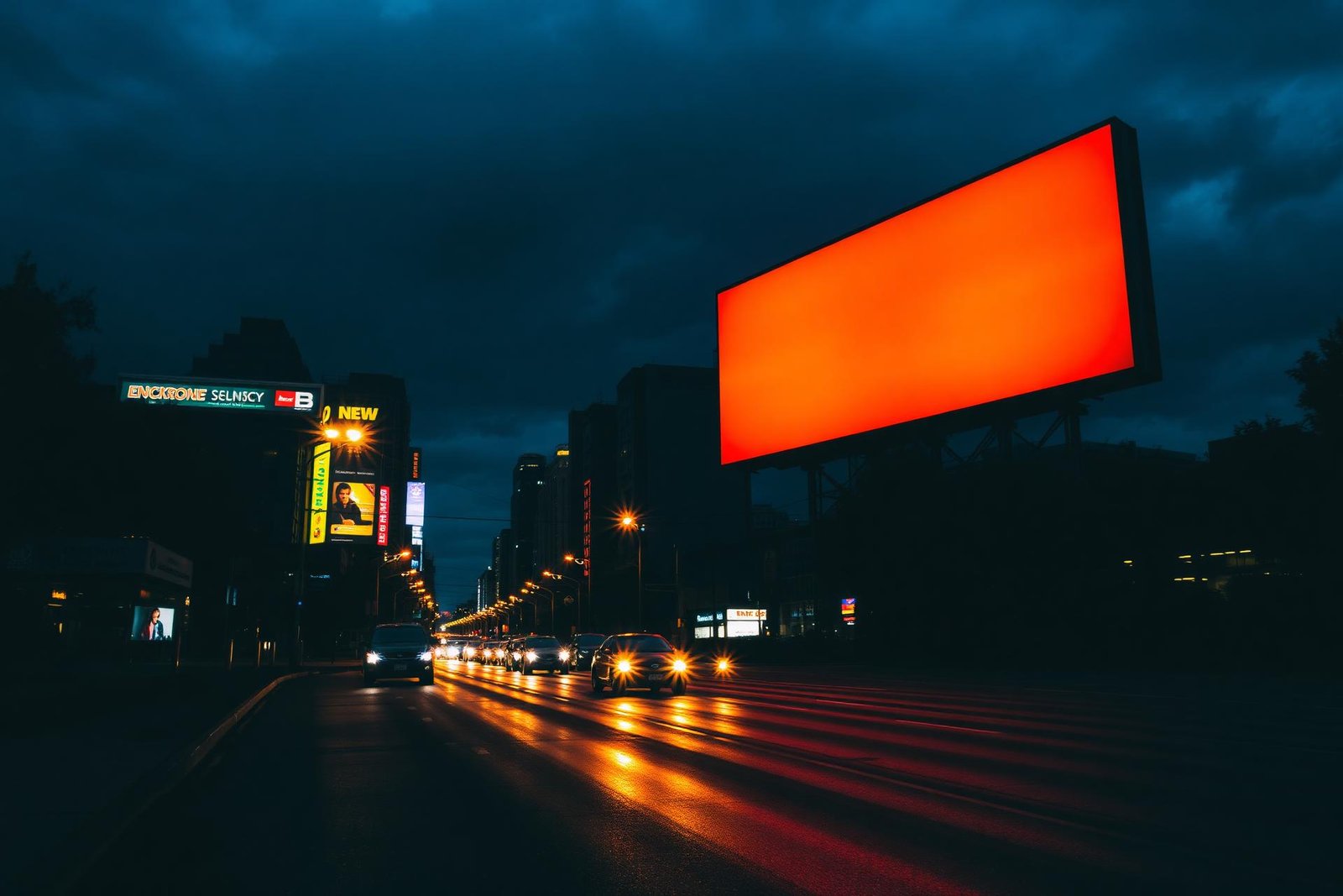 Illuminated billboard over a city street at dusk